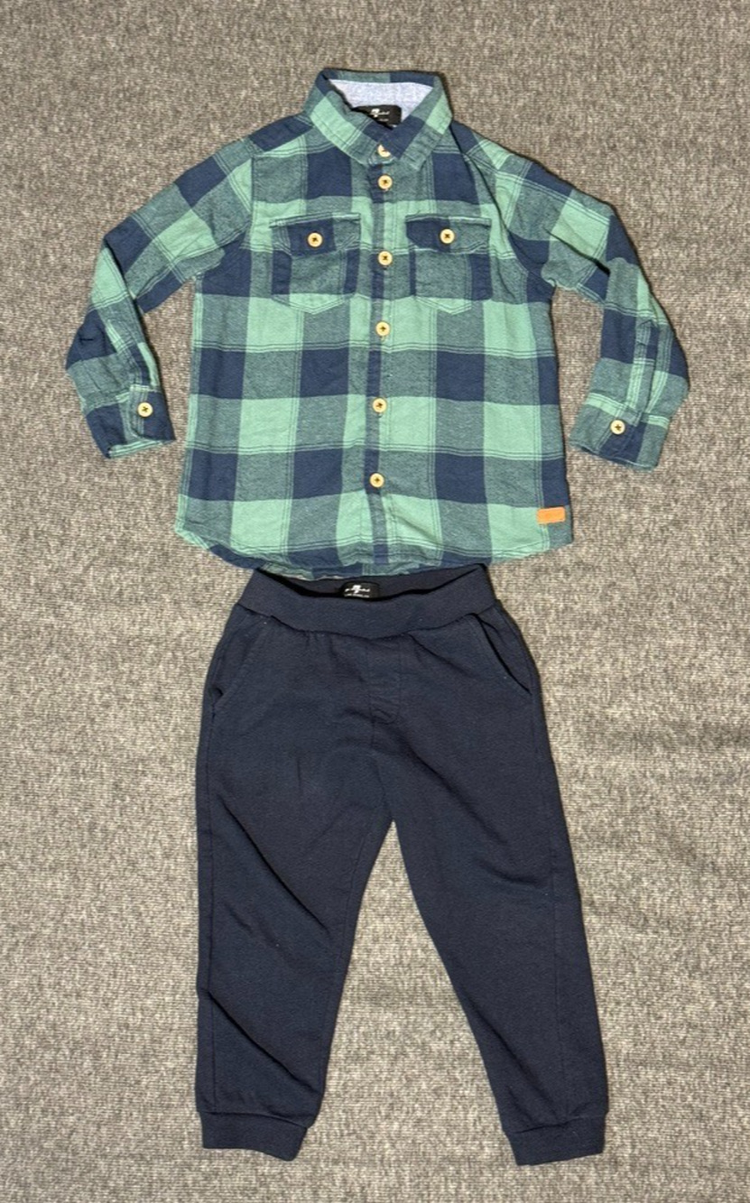 7 For All Mankind Boys Set Green/Blue Plaid Flannel Jacket Shacket & Pants- 4T